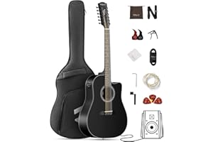 FESLEY T 12 String Guitar: 42" Full Size Acoustic Electric Guitarra Acústica Built In 4 Band EQ, Spruce Top Mahogany Back, Complete Beginner Electric Guitar Kit for Adults, Guitarra de 12 Cuerdas, Matte Black