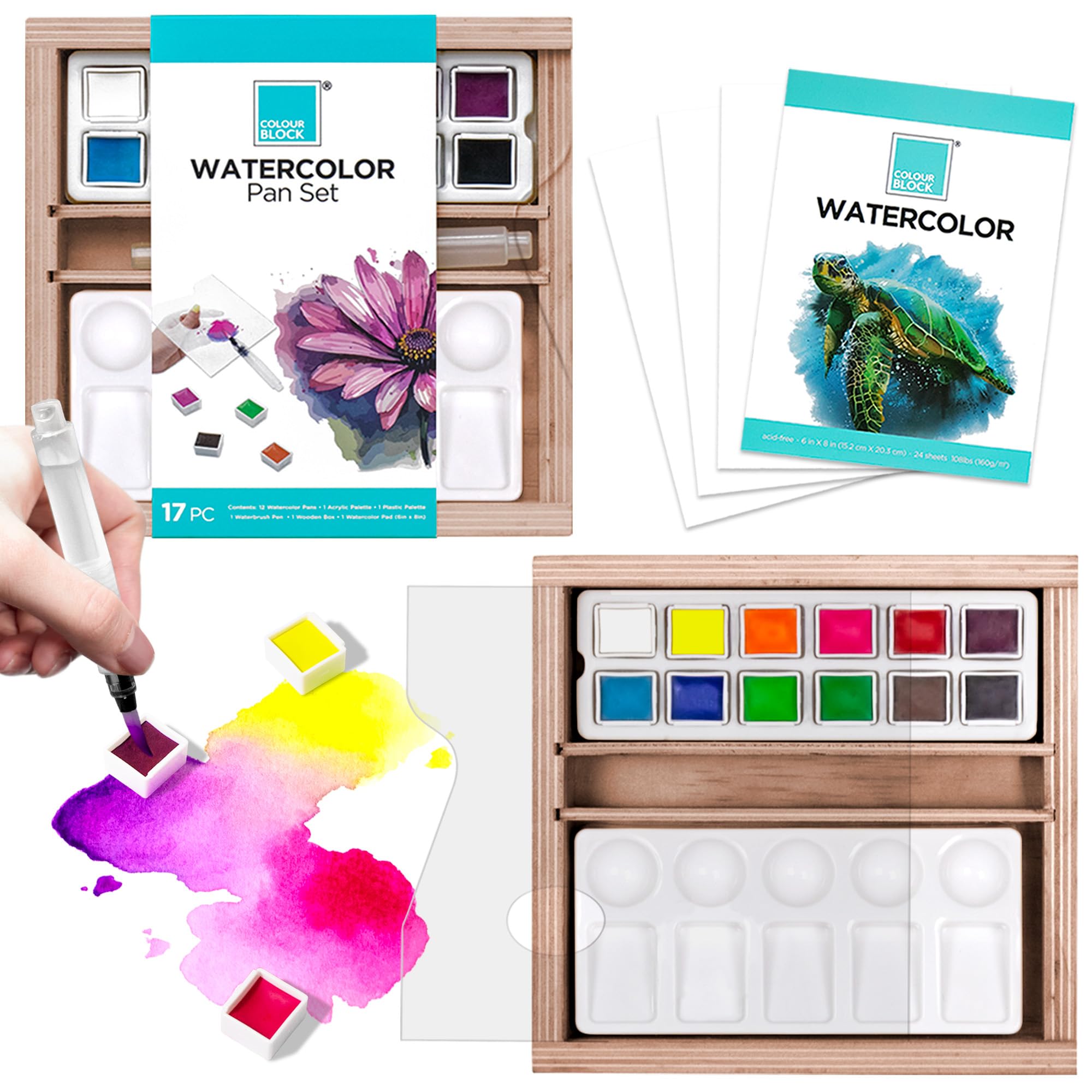 COLOUR BLOCK 32 Ultimate Watercolor Paint Set for Adults and Artists, Contains 24 Vibrant Colors, 2 Brushes, 6 Sheets Watercolor Paper, Perfect for School Supplies