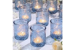 HAVITI 24 pcs Blue Votive Candle Holders, Tea Light Candle Holders for Wedding Centerpieces, Glass Candle Holders for Baby Shower Home Decoration Table Decor
