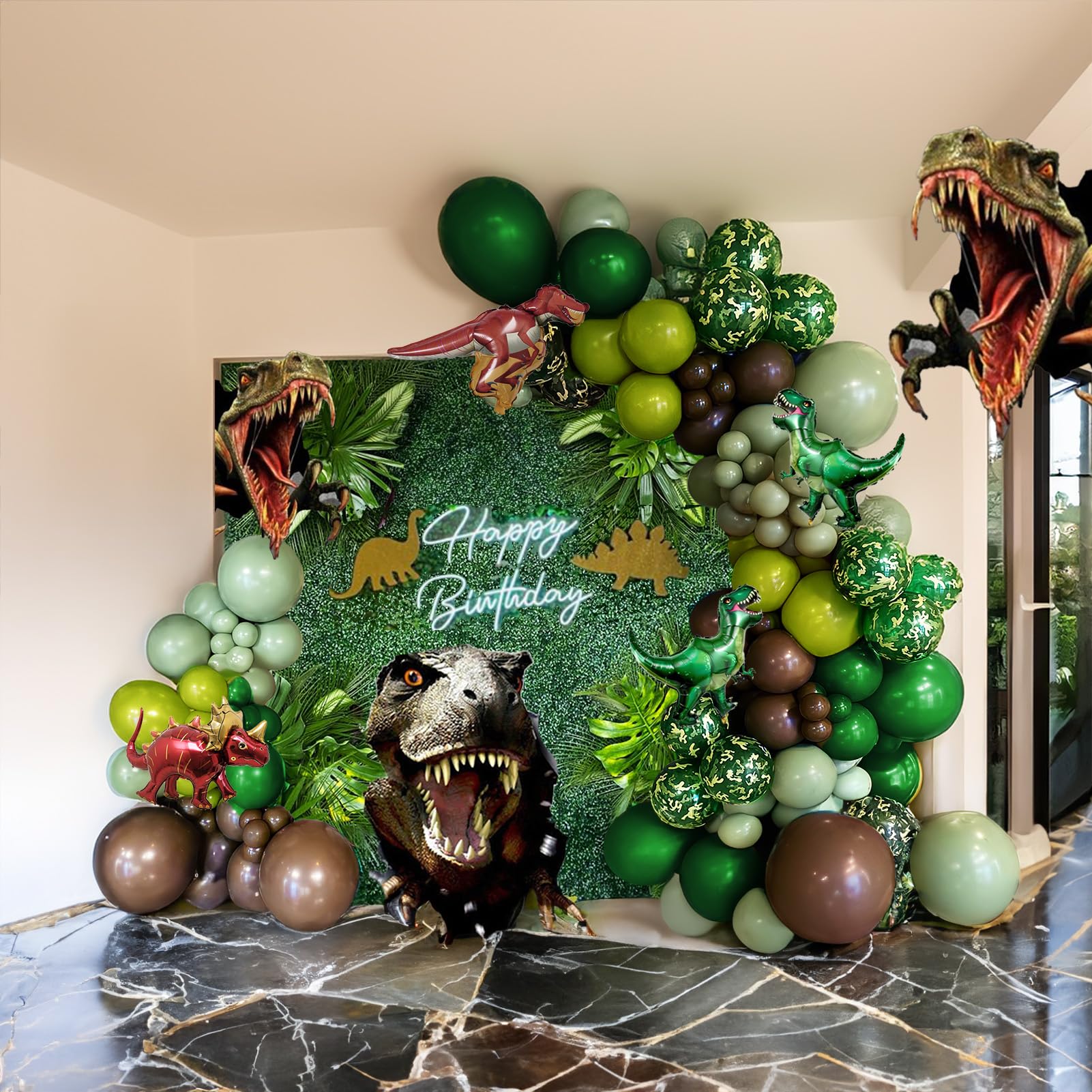 Photo 1 of Dinosaur Sage Green Brown Balloon Arch Garland Kit - with Cute Dino Jungle print Foil Balloons for Kids Boys Jungle Safari Dinosaur Theme Party Baby Shower Decorations