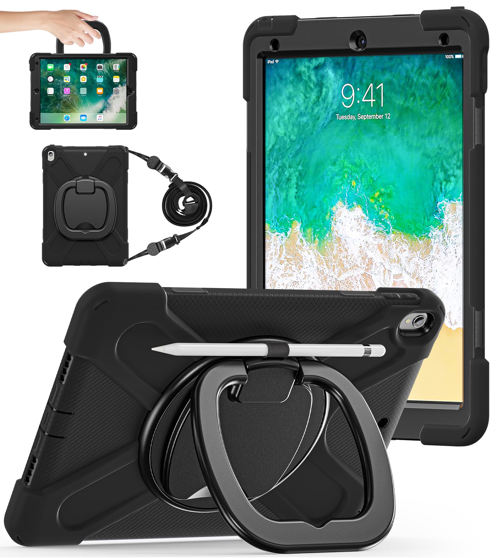 Photo 1 of BATYUE iPad Air 3rd Generation Case 2019 Release/iPad Pro 10.5 Case 2017 Released; Rugged Heavy Duty Protective Cover with Pencil Holder, 360° Swivel Stand, Shoulder Strap; for Kids (Black)