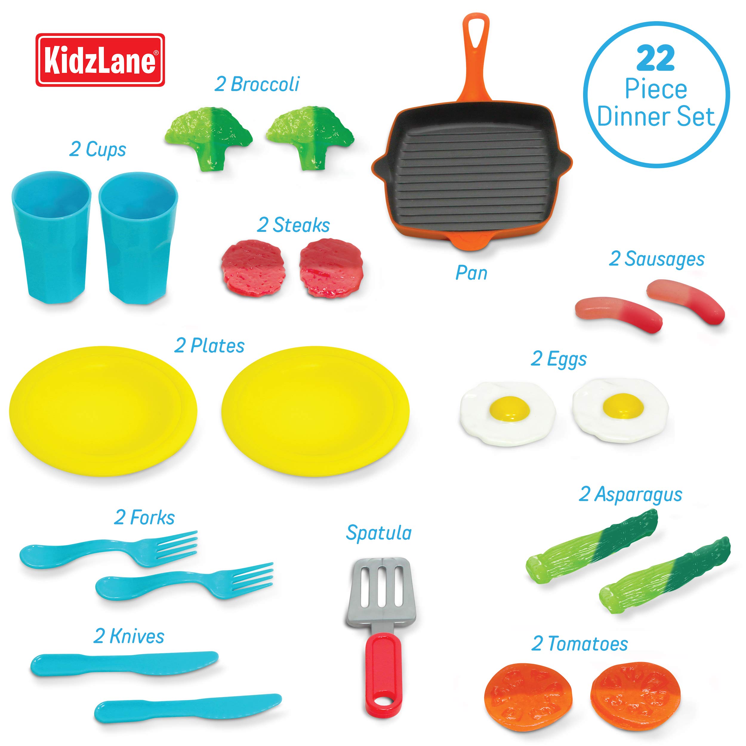 Kidzlane Kitchen Play Food and Dishes Set - 22 Piece Water Activated Color Changing Pretend Food Toy Set for Toddlers and Kids - Dinner Plastic Food Set