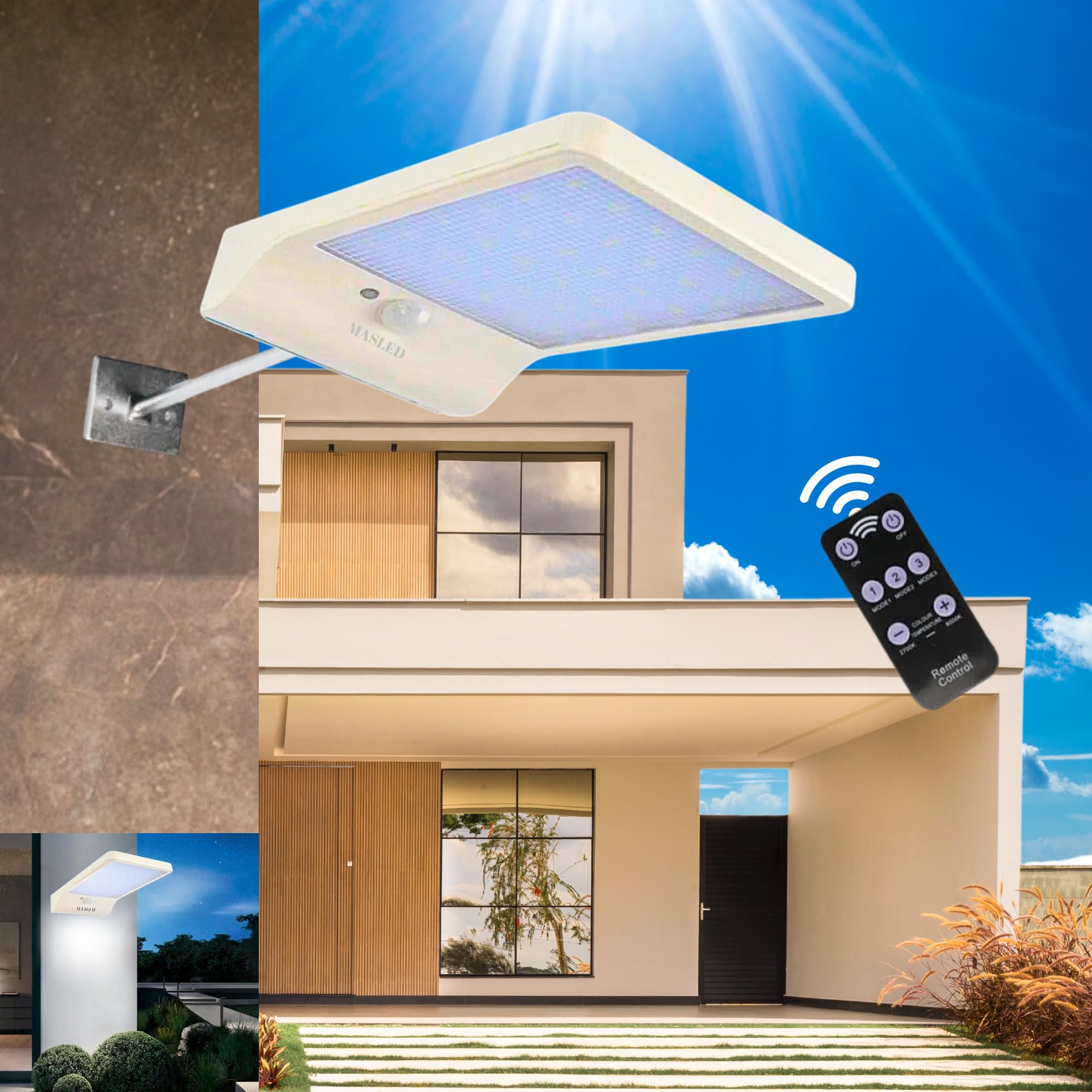 MASLED Solar Security Lights Outdoor Motion Sensor w/ Remote | 3 Intelligent Modes, Light Colour & Brightness Controls, Wall & Pole Mount | Ideal as Garden Lights, Outdoor Wall Lights etc. (White)