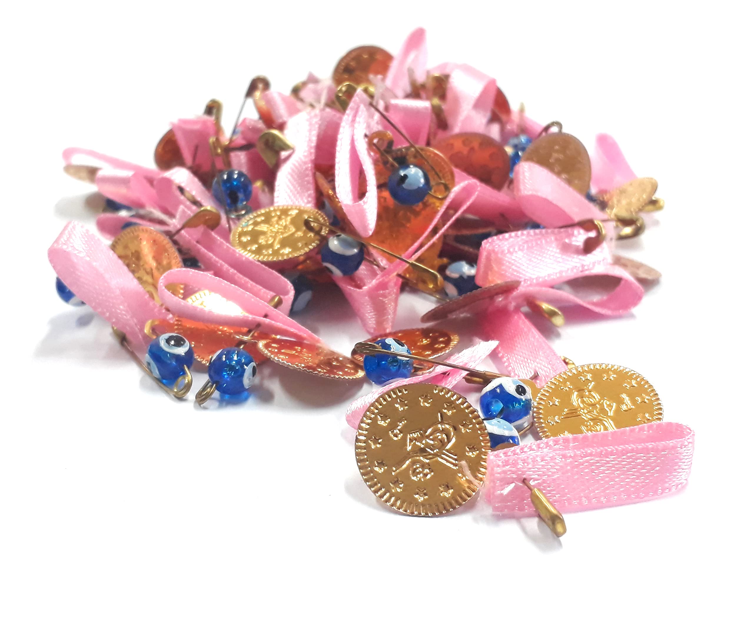 Perlin Pink Nazar Boncuk Blue Eye Evil Eye Safety Pin with Tugra Coin and Cord, 7 x 5 mm, Pack of 100