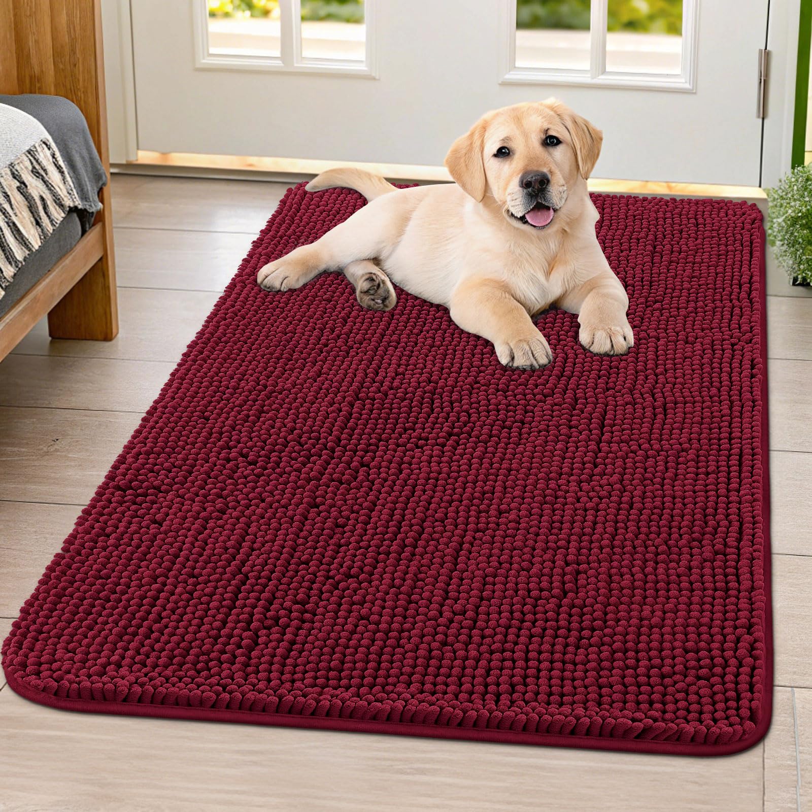 Smiry Dog Door Mat for Muddy Paws 40x32, Absorbs Moisture and Dirt Doormat, Non-Slip Washable Quick Dry Chenille Front Door Mat Indoor Entrance, Entryway Carpet for Inside Floor, Burgundy Image