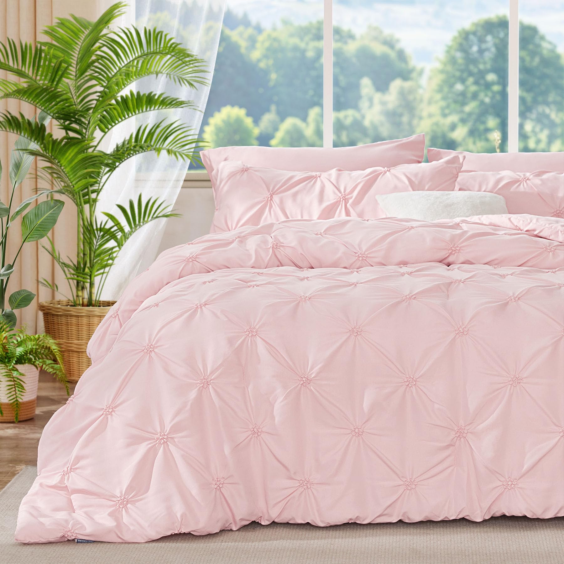 Photo 1 of **used missing parts***BEDELITE Baby Pink Queen Comforter Set - 3 Pieces Boho Pintuck Bedding Comforter Sets, Lightweight Soft & Warm Bed Comforter Queen with 2 Pillowcases for All Season