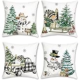 COZZSNUGE Winter Throw Pillow Covers, Snowman Gnome Truck Christmas Tree Plaid Velvet Decorative Pillowcases for Sofa Bed Home Patio Set of 4, 18 x 18 Inches
