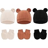 BEWDIO Bear Ears Baby Hats and Mittens for Newborn Baby Boys Girls Infant Hospital Beanie Caps, 0-3 Months