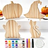 Halloween Wood Painting Kit, DIY Paint Your Own Freestanding Wooden Cutouts | Unfinished Wood Crafts Table Signs, Pumpkin Witch Hat Black Cat Ghost Shapes for Tiered Tray, Shelf & Fall Home Decor