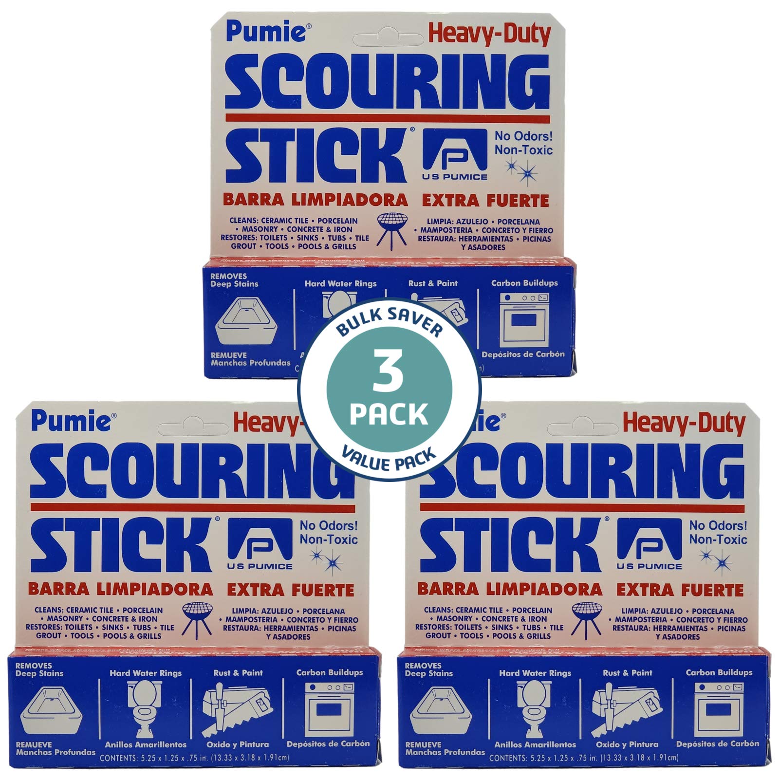 3-Pack PUMIE Pumice Stone for Toilet Bowl Cleaning, Pumice Scouring Stick for Removing Hard Water Rings, Buildups, Rust, Tough Stains on Toilet Bowl, Bathtub, Pool, Kitchen Sinks, Grill, Tiles Surface
