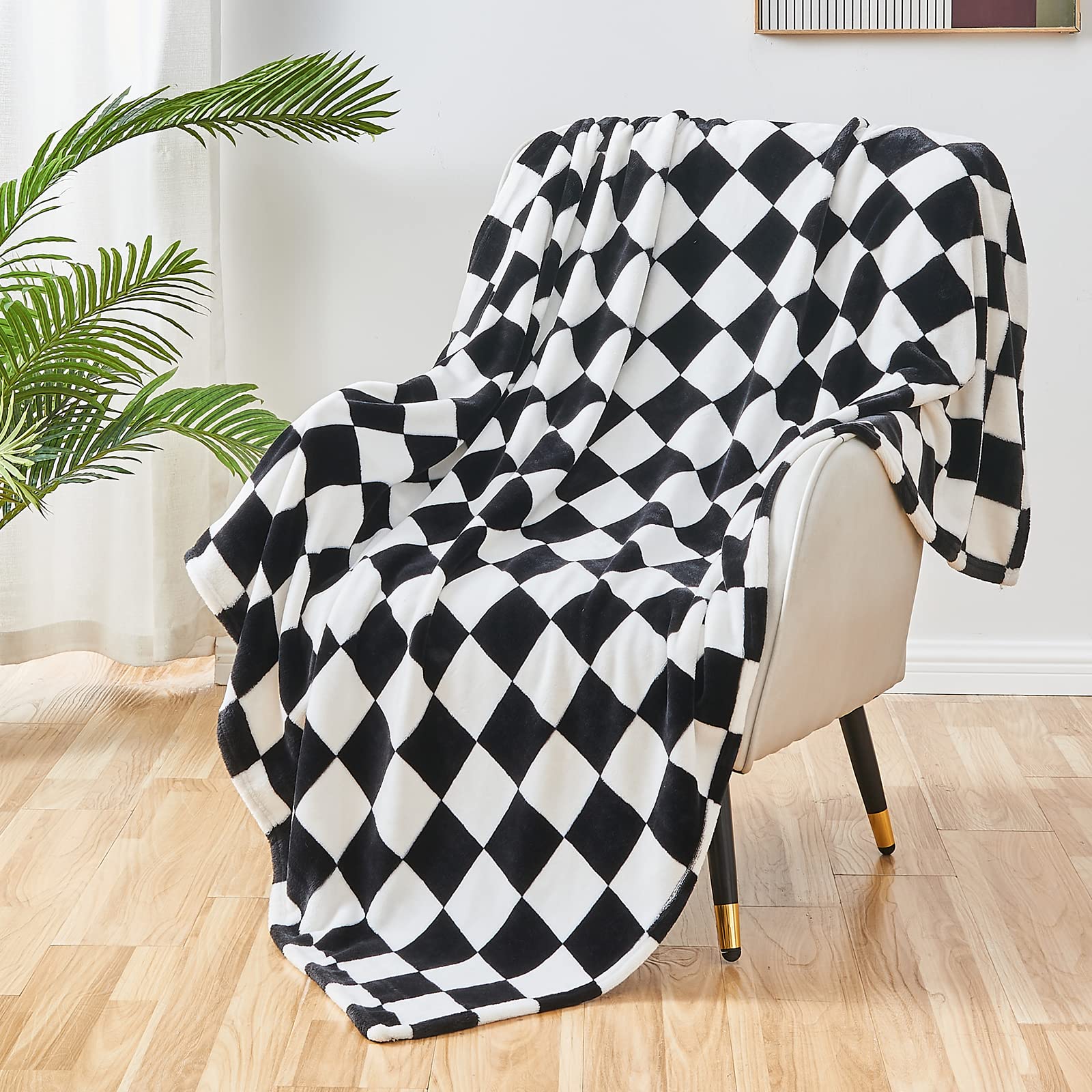 SOCHOW Checkered Flannel Throw Blanket, Soft Cozy Checkerboard Grid Pattern Fleece Blanket for Couch Bed Sofa, Black 150cm x 200cm