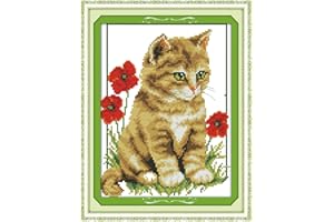 CaptainCrafts Cross Stitch Kits Stamped Cross Stitch Printed 11CT Fabric Cross Stitching DIY Art DMC Needlecrafts Embroidery Kit for Adults (Stamped, Cat and Poppy)