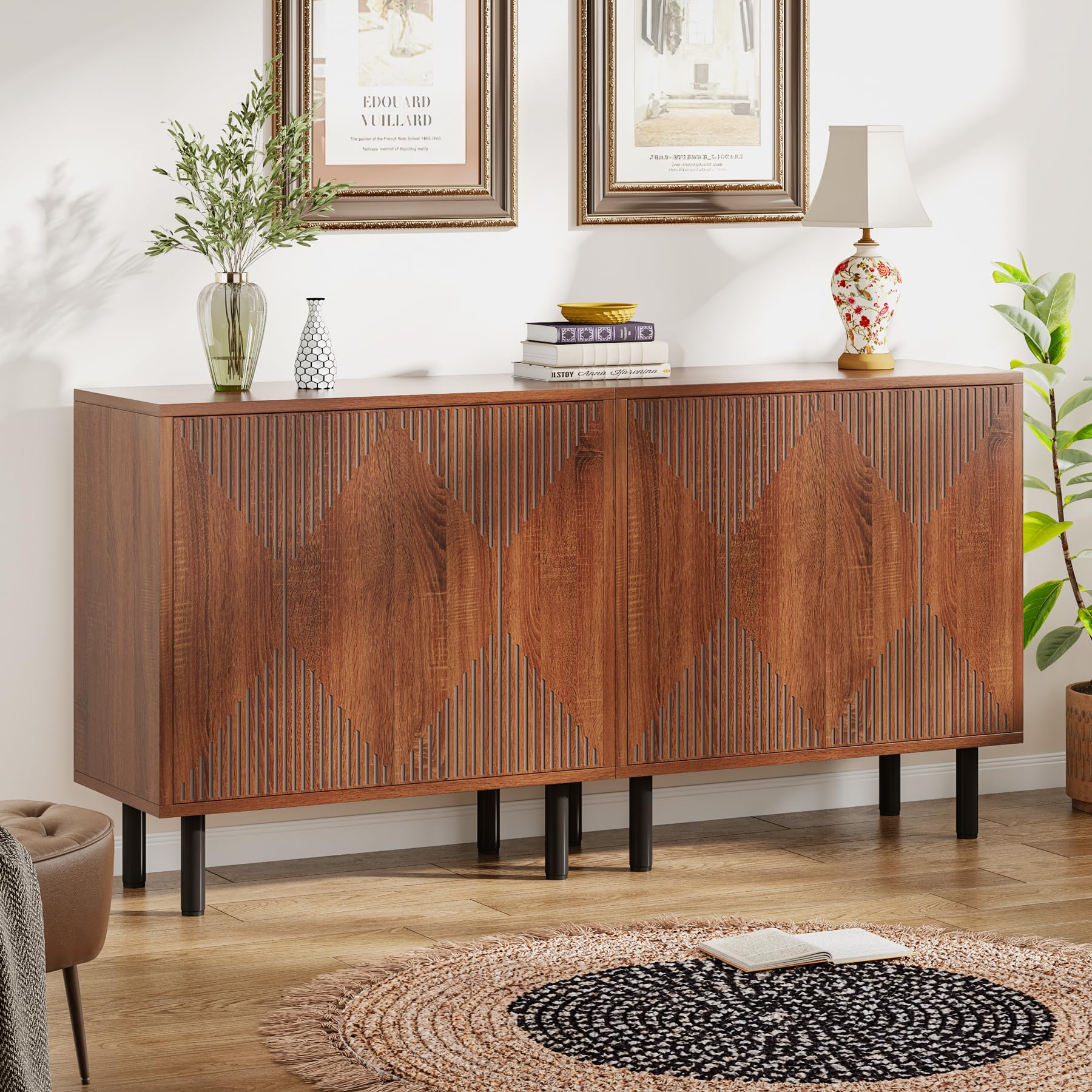 Photo 1 of **DAMAGE TO CORNER**Tribesigns Vintage Walnut Storage Cabinet Set, Freestanding Floor Cabinet, Classic 59 inches Sideboard, Wood Buffet Cabinet with Doors, Large Storage Cabinet for Living Room, Dining Room, Garage