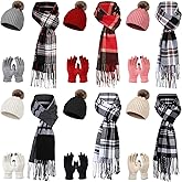 24 Pack Women Winter Hat Scarf Gloves Ear Warmer Set Beanie with Pom Plaid Scarf Touchscreen Gloves Earmuffs