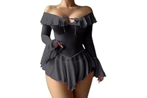 Ausing Women's Sheer Mesh Lingerie Set Ruffle Long Sleeve Dress Sexy Off Shoulder Babydoll Nightgown with Thong