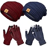 Jeere 4 Pcs Winter Hat and Gloves for Women Fleece Lined Knit Beanie Touchscreen Gloves Warm Skull Hat Set for Cold Weather(Navy Blue, Wine Red)