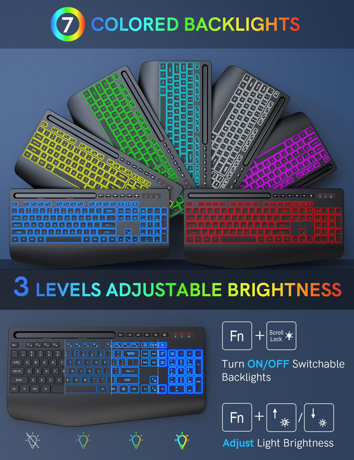 Wireless Keyboard and Mouse Combo- 7-Color Backlit, Wrist Rest, Rechargeable, Silent Light-Up Keys, RGB Mouse, Ergonomic Full Size Keyboard with Phone Holder for Windows, Mac, PC, Laptop - Trueque