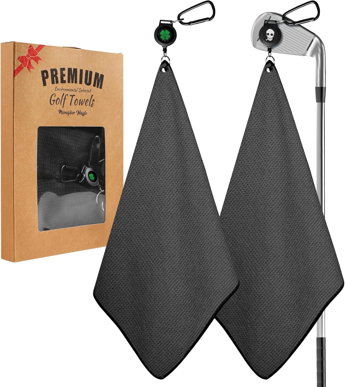 FINGER TEN Golf Towels with Magnetic Retractable Carabiner Clip Waffle 15.7"X15.7" Value 2/3 Pack, Microfiber Absorbent Golf Towel Set for Golf Bags Men Women (Black-2 Pack)