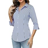 HOTOUCH Women Button Down Shirts 3/4 Sleeve Basic Business Dress Shirt Slim Fitted Classic V Neck Button Up Work Blouse Tops