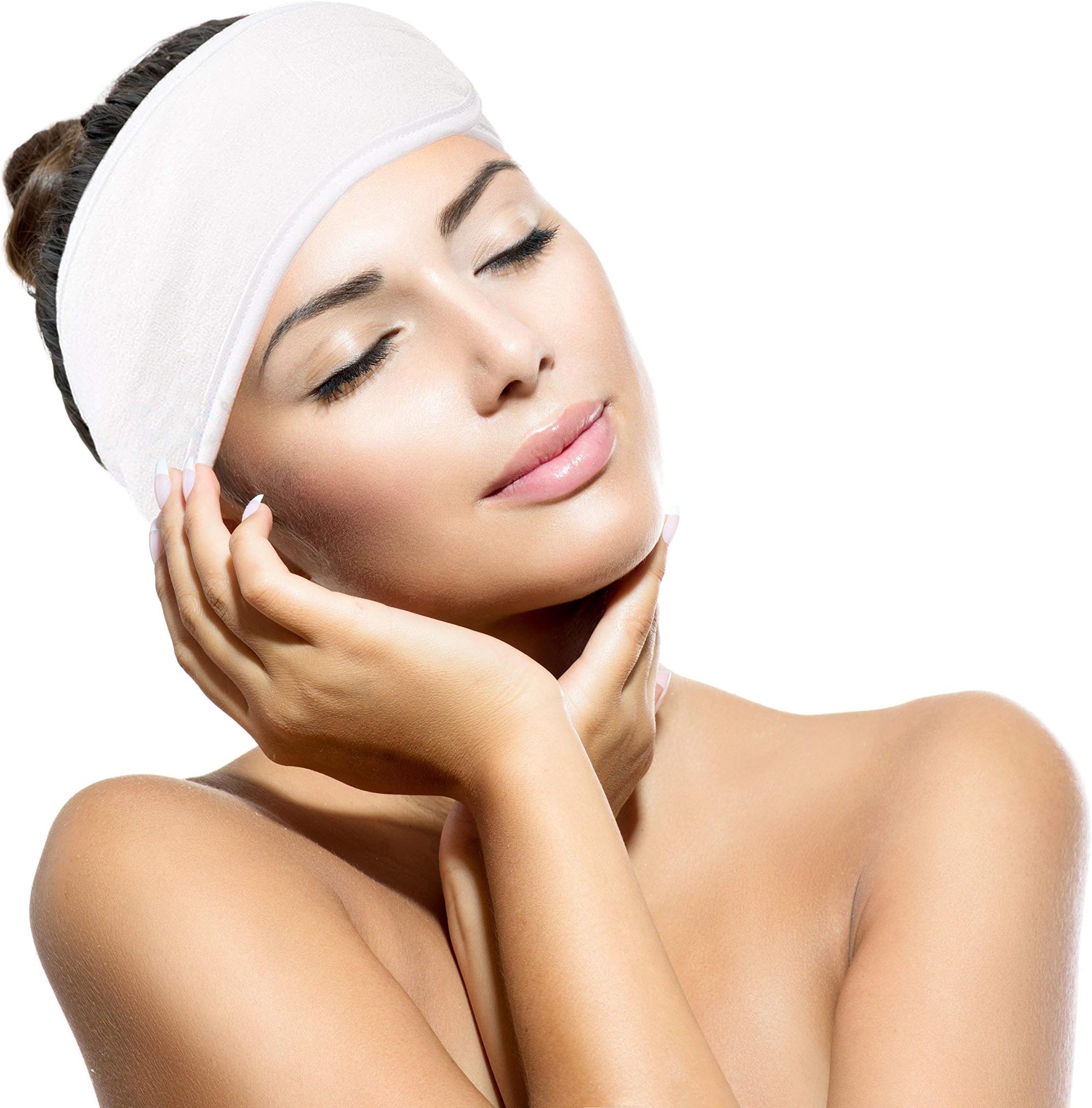 Spa Headband 4 Pack - Stretchable White Soft Terry Cloth Head Wrap With Closure - Fits All Head Sizes - Spa Treatment Facial Hair Bands For Makeup, Bath And Sports - By Purattain
