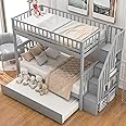 N NAANSI Twin-Over-Twin Bunk Bed with Trundle and Storage Staircase, Solid Wood 3 in 1 Twin Size Stairway Bunk Bed with Trundle, Grey