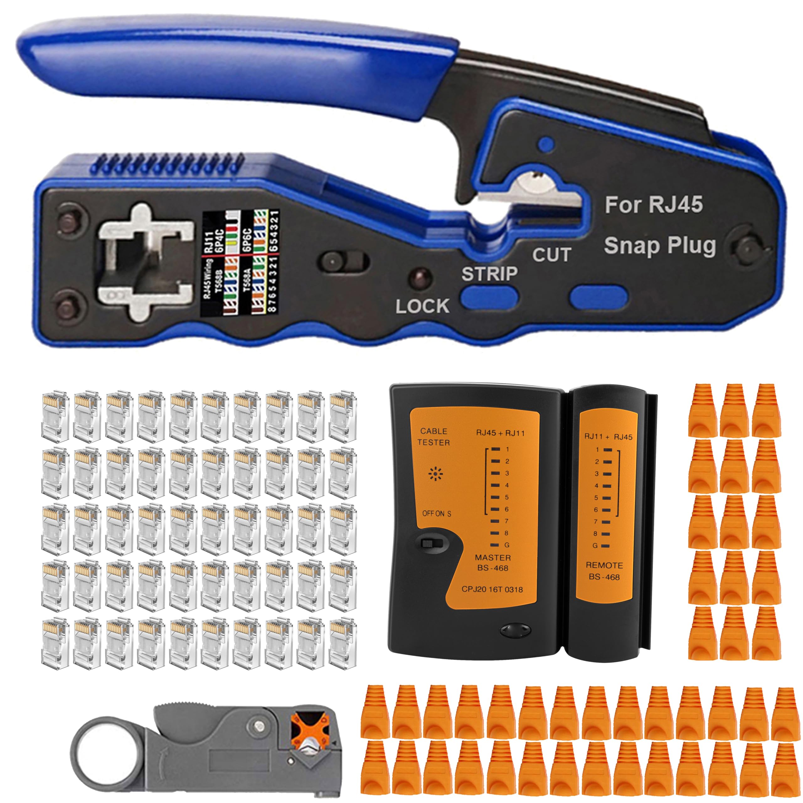 MAYLINE Crimper RJ45 Cat7 Network Cutter Crimping Tool Kits, CAT5 CAT6 Professional Net Maintenance LAN Cable Tester Stripper, Network Wire Crimp Repair Stripping Pliers Tool Set(Blue)