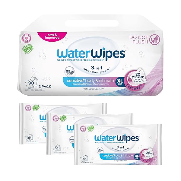 WATERWIPES SENSITIVE WHOLE BODY CLEANSING WIPES, 99.9% PURIFIED WATER, XL TEXTURED WIPES, INCONTINENCE CARE, FRAGRANCE FREE, 90 COUNT