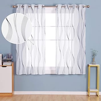 Deconovo Semi Sheer Curtains Black Wave Line Foil Printed Voile