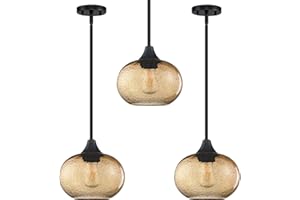 SEENMING HOUSE 1 Light Hanging Indoor Kitchen Island Pendant Ceiling Light Fixtures 7.7" Black Seeded Brownish Glass,Modern Farmhouse Dinning Over Sink (Amber Glass, Black 3 Pack)