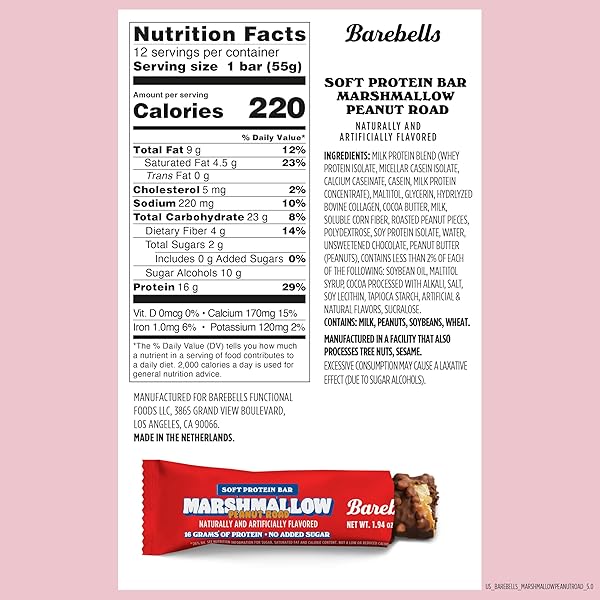 BAREBELLS SOFT PROTEIN BARS MARSHMALLOW PEANUT ROAD – 12 COUNT, 1.9OZ BARS – NUTRITIONAL SNACKS WITH 16G OF HIGH PROTEIN – FLUFFY CHOCOLATE TREAT WITH 2G OF TOTAL SUGARS – BREAKFAST BARS