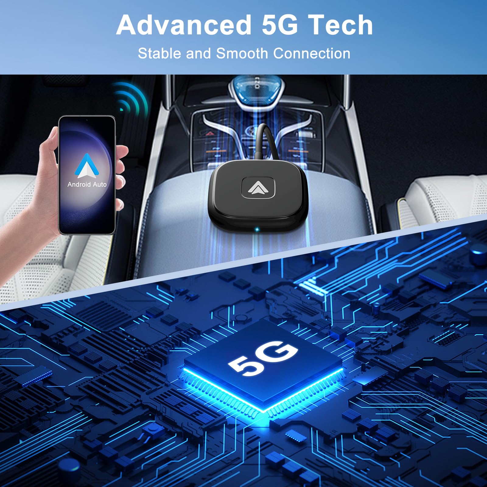 Android Auto Wireless Adapter Plug and Play Car Dongle for Factory Wired Android Auto in All Cars - Low Latency and Easy to Install