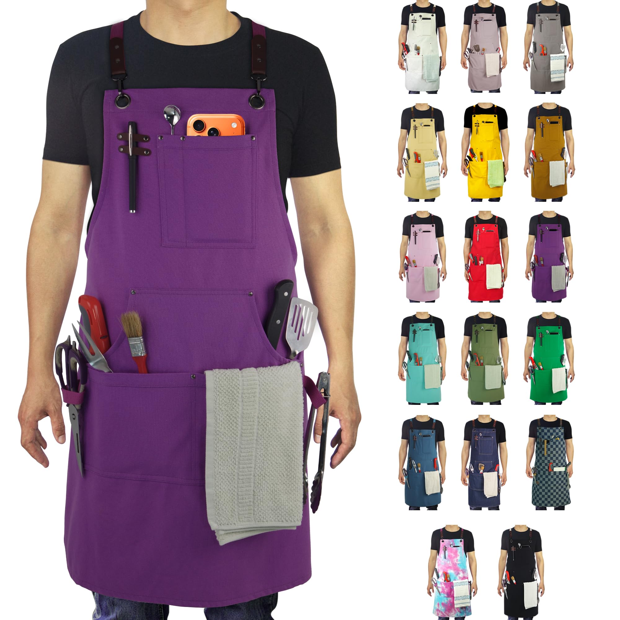 Stenffy Kitchen Apron, Work Apron, Canvas, Multiple Pockets, Gardening, Painting, BBQ, Carpenter, Sizes M to XXL, Purple