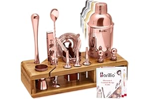 Barillio Rose Gold Bartender Kit - Stainless-Steel Cocktail Shaker Set w/Bamboo Stand - Mixology Bar Tools w/Drink Shaker, Mixer and Muddler for Cocktails - Home Bar Accessories - 23-Pc Bar Set