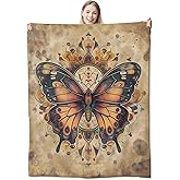 CUEBOS Butterfly Flannel Throw Blanket 50x60 Inch, Ornate Orange and Black Insect on Vintage Tan Background Blankets Soft Cozy Fleece Throws for Nature Lover Bed Sofa Dorm Living Room Decor Gifts