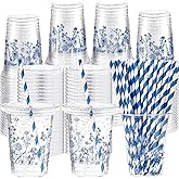 Funnymoom 50 Pcs Blue Floral Disposable Cups with Lids and Straw 12 oz Spring Summer Floral Clear Plastic Drinking Cups Wildflowers Drinking Cup for Summer Spring Birthday Baby Shower Party Supplies