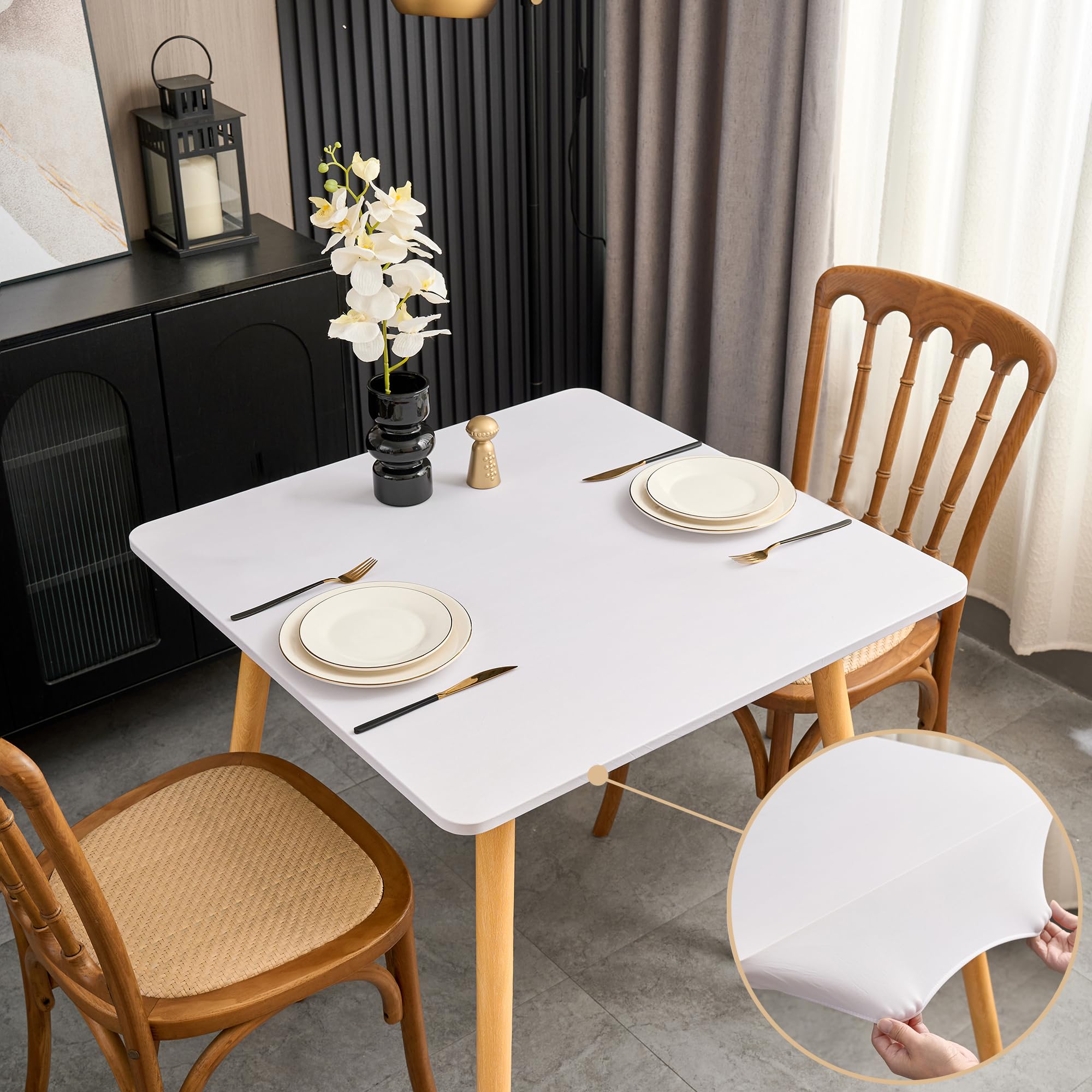 Outdoor Square Tablecloth 42x42 Inch Solid Color Fitted Folding Table Cover with Elastic White Stretchy Washable Fabric Dining Table Cloth Wrinkle Free Non Slip