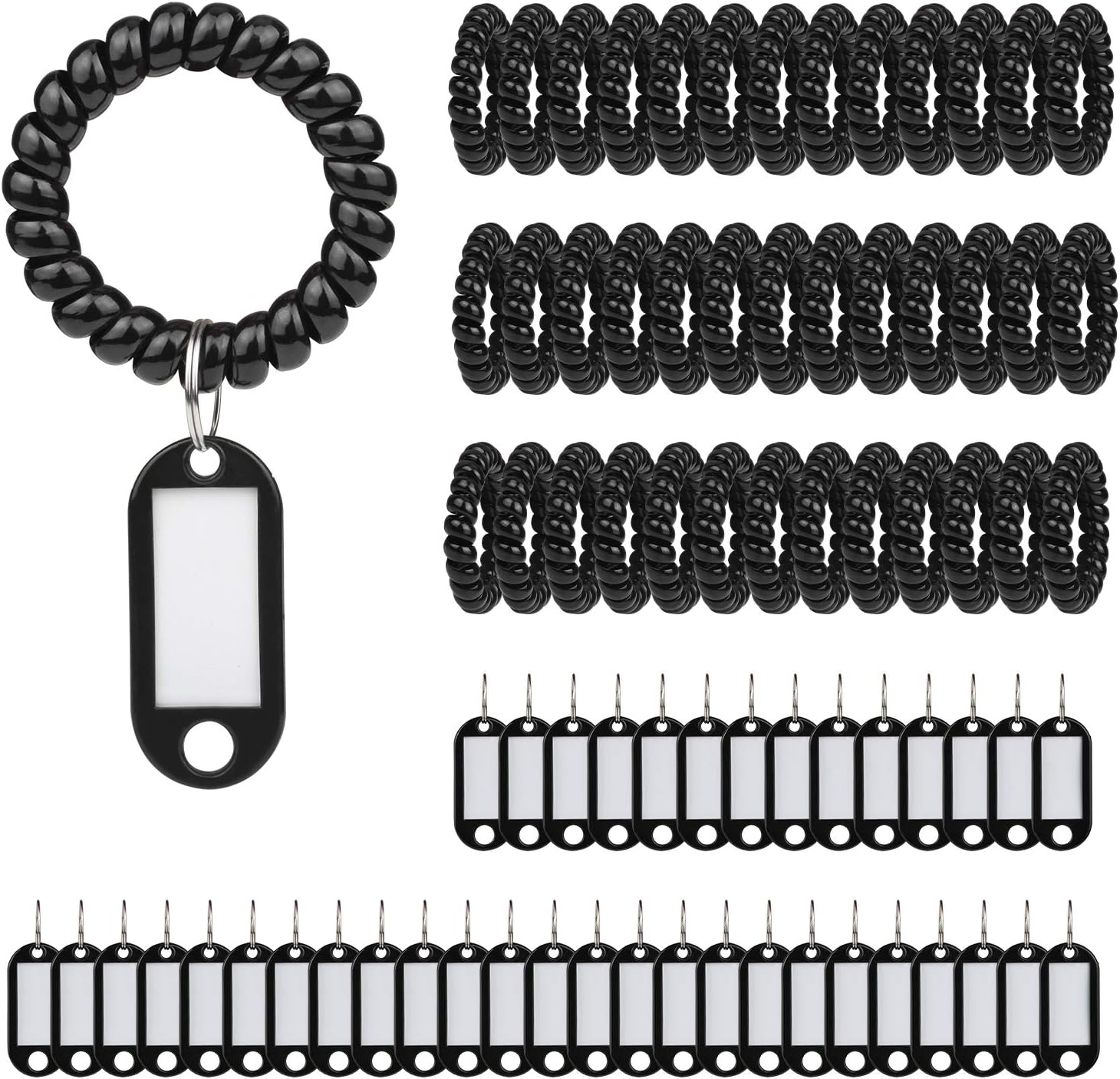 Keychain Spring Bracelet,LANMOK 40pcs Black Stretch Coil Wristbands Key Chains with Labels for Gym Office Ourdoor Activity