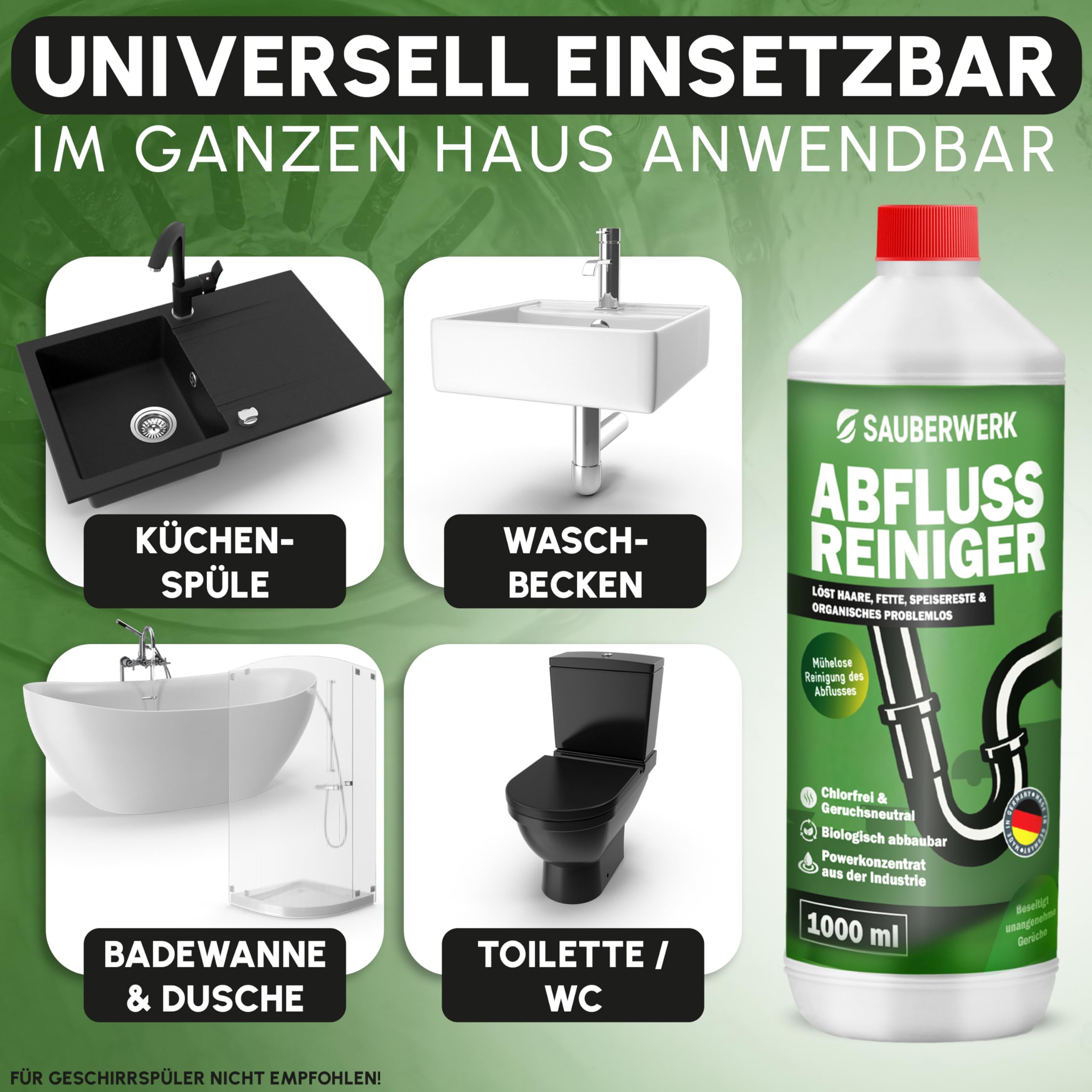 SauberWerk® - Profi Abflussreiniger & Rohrreiniger „Haarfrei“ (1L) - Haarentferner flüssig für Toilette, WC & Küche EXTRA STARK - Rohrfrei & Abflussfrei gegen Abfluss-Verstopfung Haare & Organischem 3