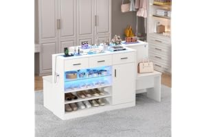 GYFIMOIE Wardrobe Armoire Closet with Charging & LED Light,Walk-in Closet Island Dresser with Glass Showcase,3 Drawers & Doors, Modern Storage Display Cabinet with Bench for Bedroom,Fitting Room & Shops（White）
