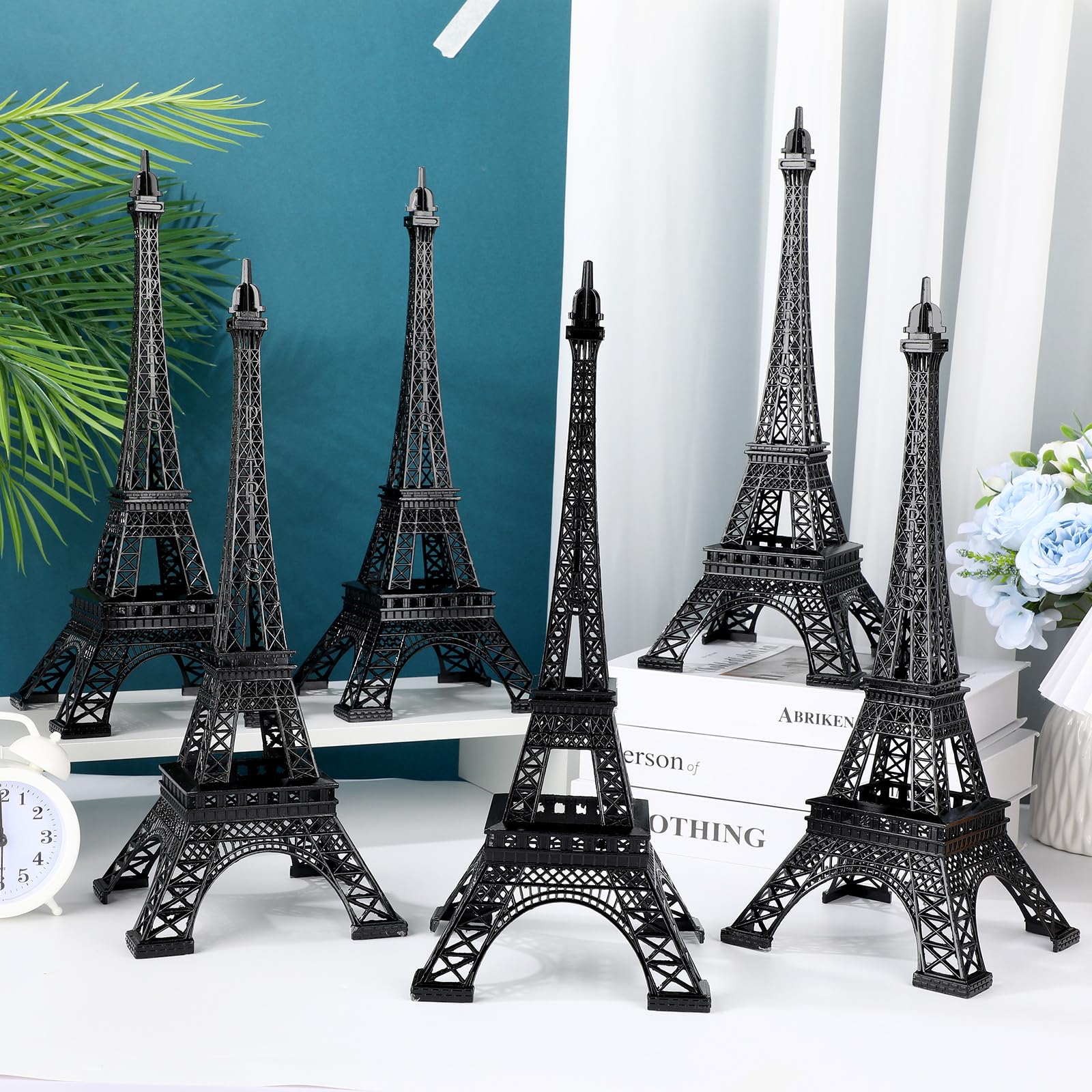 Photo 1 of Therwen 6 Pcs 15'' Eiffel Tower Statue Decor Alloy Metal Paris French Eiffel Tower Model Collectible Figurine Paris Craft Art Statue Model Party Decoration Gift for Cake Topper(Black)
