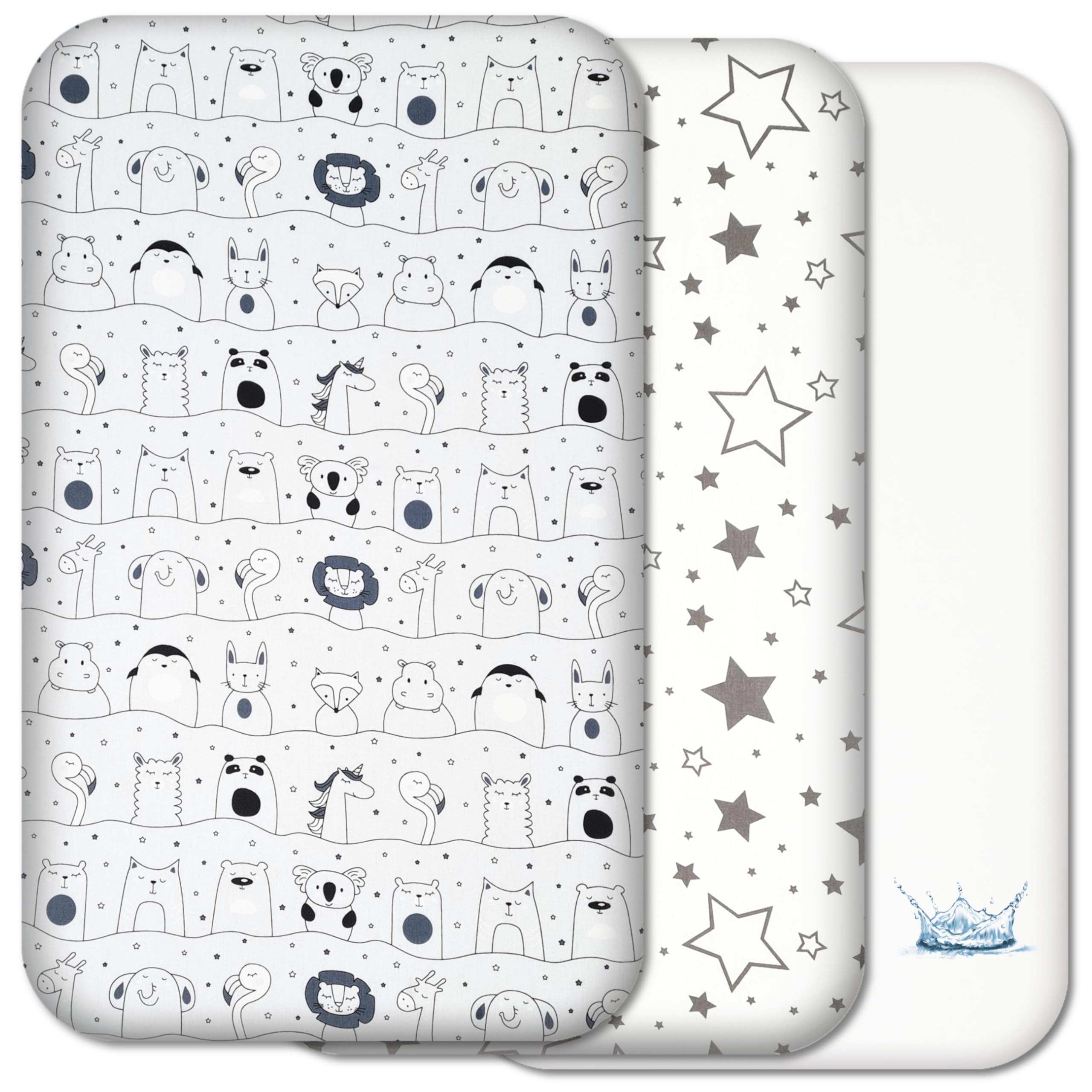 Next to Me Crib Sheets - 3pc Crib Fitted Sheet Set - 2 Fitted Cotton Sheets and 1 Waterproof Mattress Protector for Bedside Cribs - 100% Organic Cotton - Made in Europe (Grey Animals&Stars, 83x50cm)