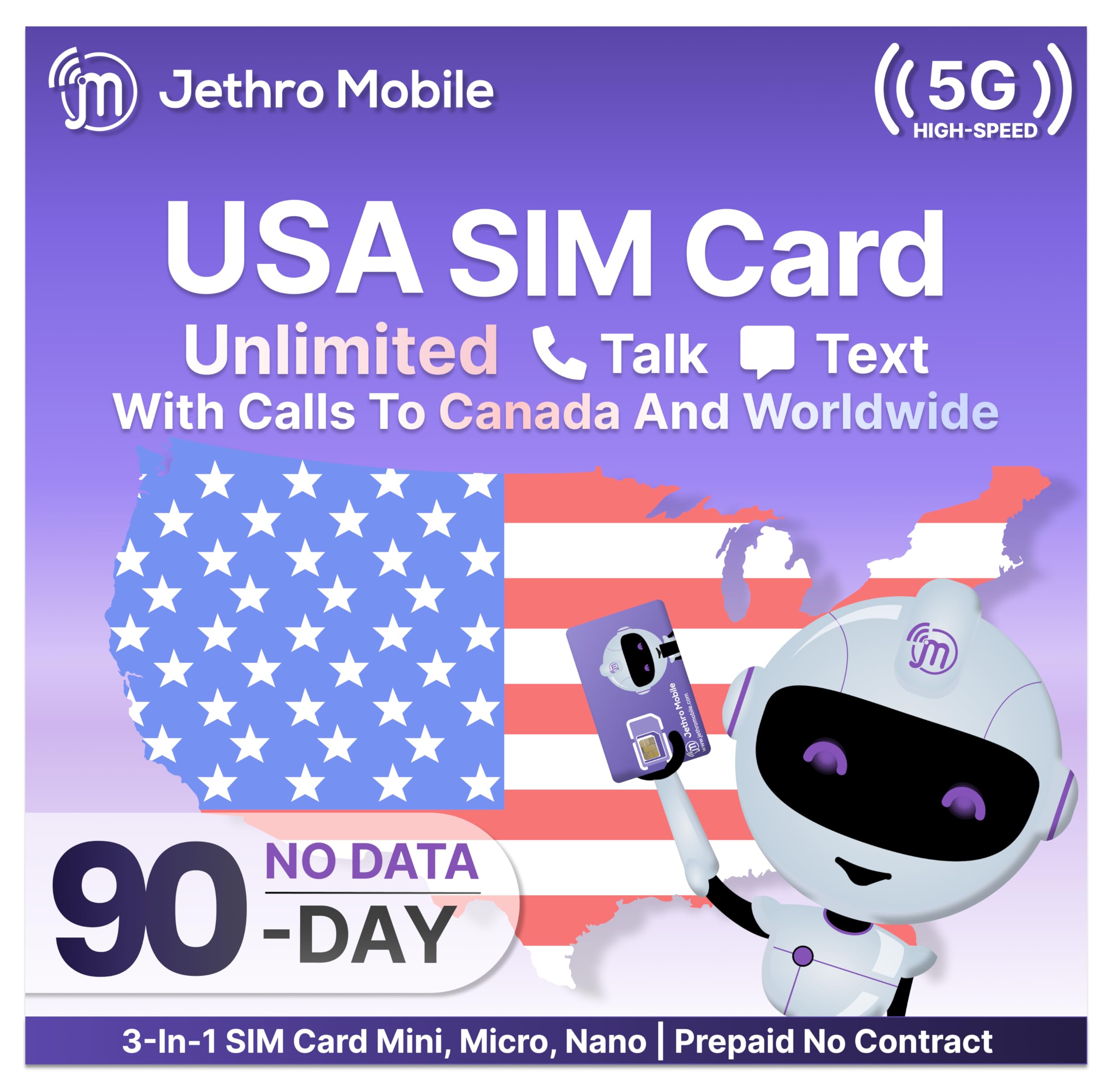 Jethro Mobile Unlimited Talk & Text Plan (No Internet Data), Suitable for Seniors, Kids, Students and Dumb Phones, 3-in-1 SIM Card Kit, Prepaid Phone Plan (90 Days)