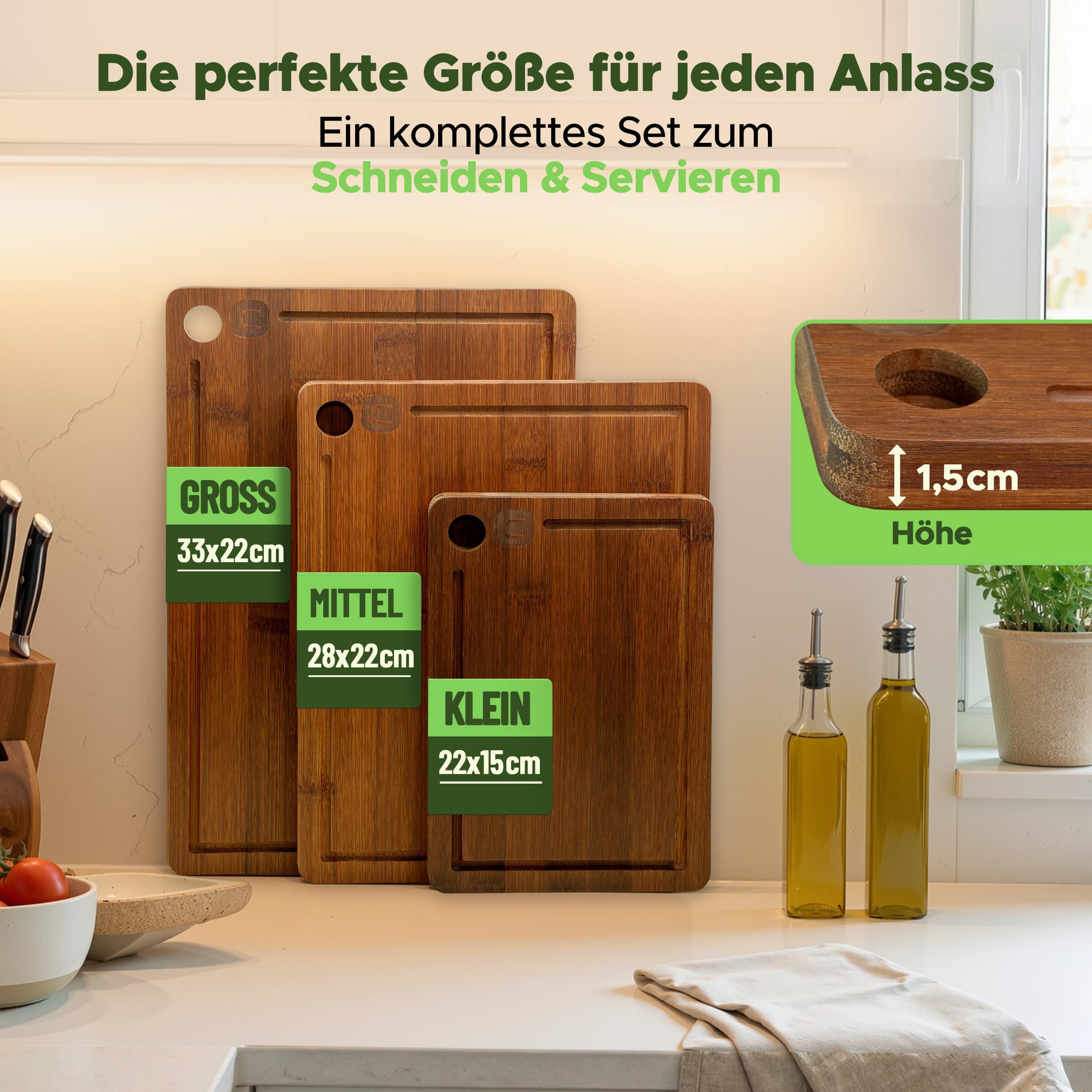 naturlik Schneidebrett Set 3er Karbonisiert - Bambus Schneidebrett Dunkel mit Saftrille - Nachhaltiges Küchenbrett Holz für Fleisch, Gemüse, Käse & Brot - Servierbrett Messerschonend Vorgeölt 5