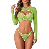 Avidlove Sexy Lingerie Set Rave Outfits For Women Fishnet Long Sleeve Crop Top Sheer Bra and Panty 3 Piece