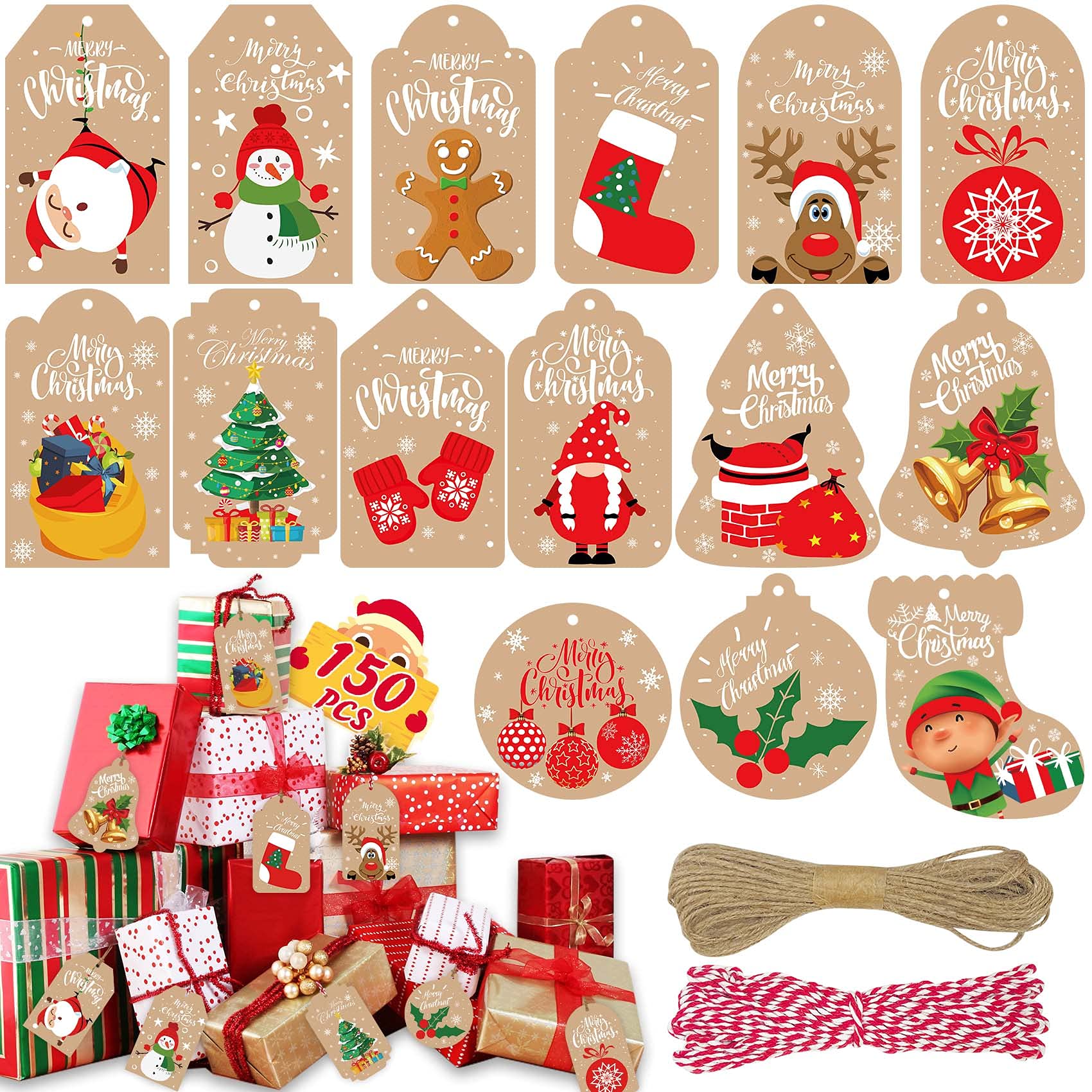 Funnlot Christmas G-ift Tags: 150 Pcs for Presents & Crafts, 2 Twine Strings, Labels with Holes