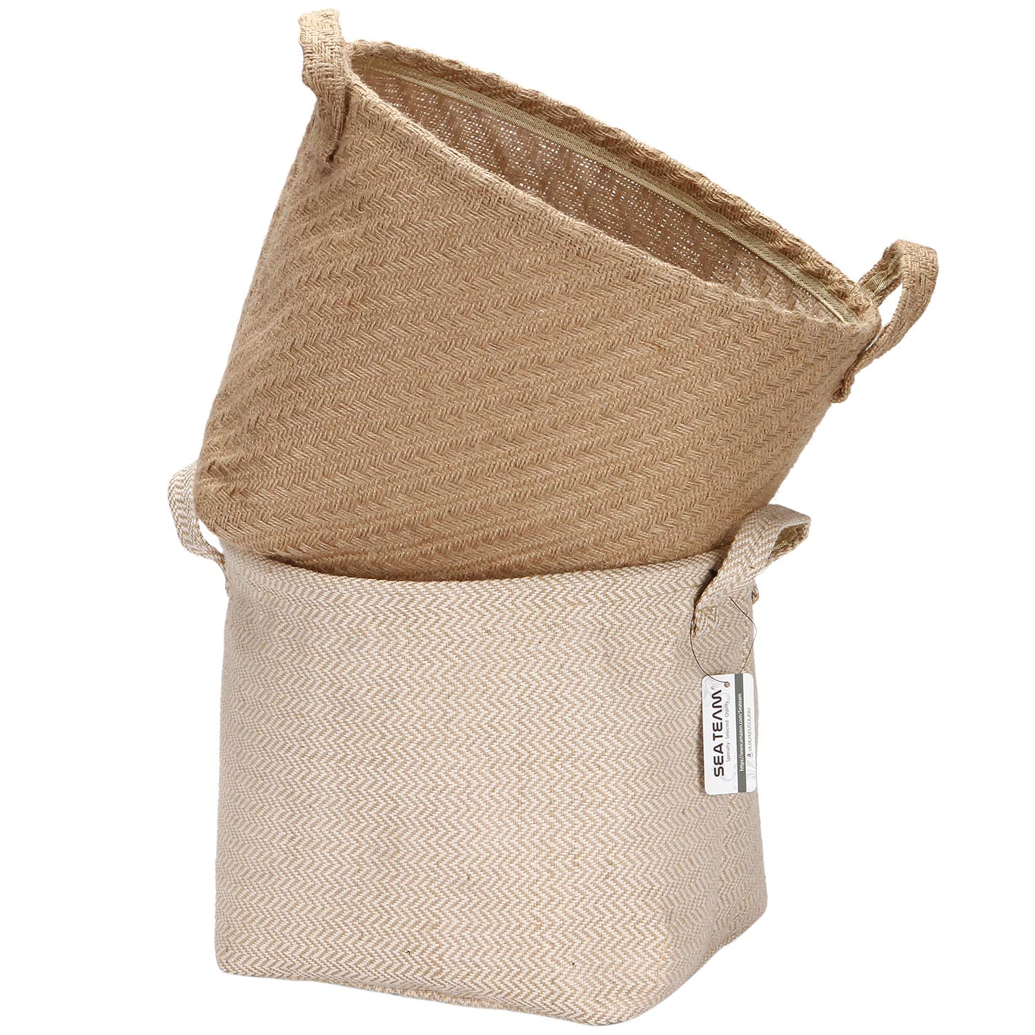 Sea Team Storage Baskets Organizer Box Bins in Jute and Cotton Linen Foldable with Handle Decorative for Home Toiletry Stationery Sundries Toys Jewerly Color Beige 26 * 26 * 26CM 2PCS