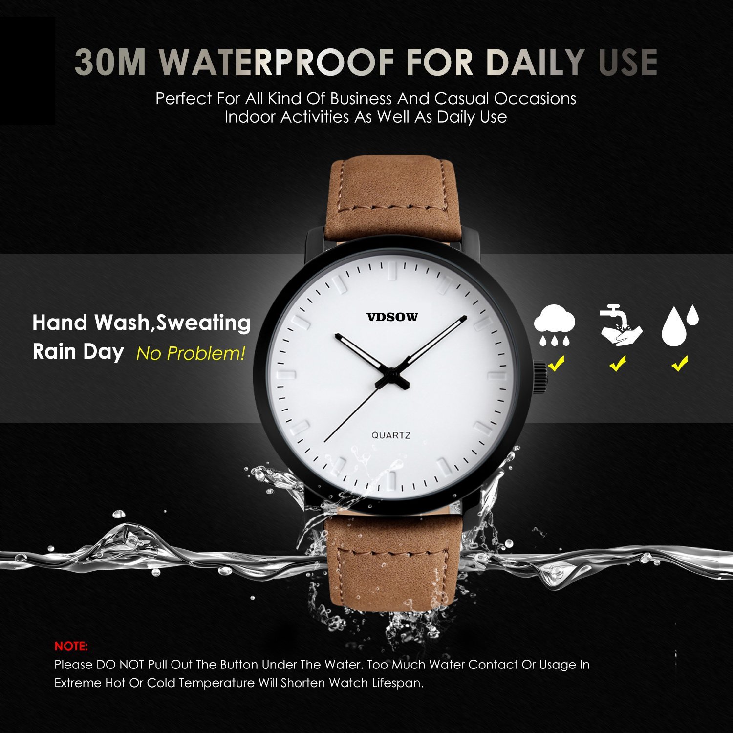 Homme poignet montres avec bracelet cuir Marron - Classic Big Face analogique montre à quartz, 3 ATM étanche Mode décontracté Business Robe montres avec date Calendrier Design Simple pour homme