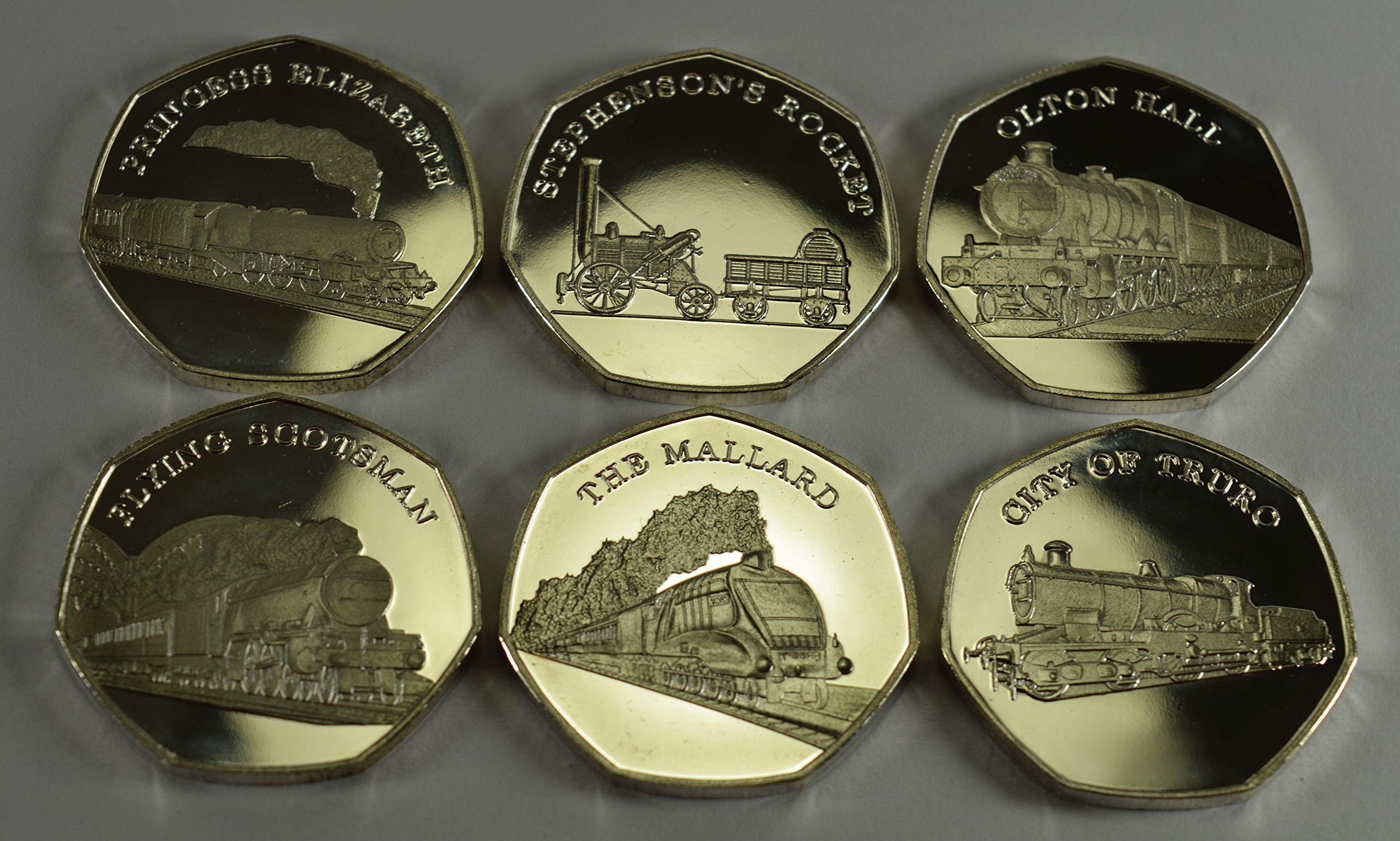 Superb Full Set of 'STEAM AND STEEL' Iconic Locomotives Commemorative Coins. Fine Silver. FLYING SCOTSMAN, THE MALLARD, STEPHENSON'S ROCKET, PRINCESS ELIZABETH, CITY OF TRURO, OLTON HALL.