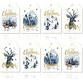 120Pcs Christmas Paper Gift Tags Blue Watercolor Merry Christmas Tree Elk Hanging Labels with Hemp Ropes 4 Designs Winter Hanging Paper Tags for Xmas Art Craft Holiday Present Party Supplies