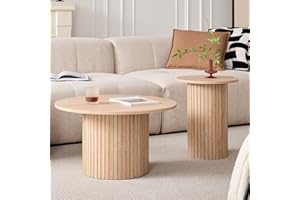 Lecafur HL Round Nesting Coffee Tables Set of 2 -φ27.6 Large Short + φ15.8 Small Tall Boho Circle Side Tables with Fluted Drum Design